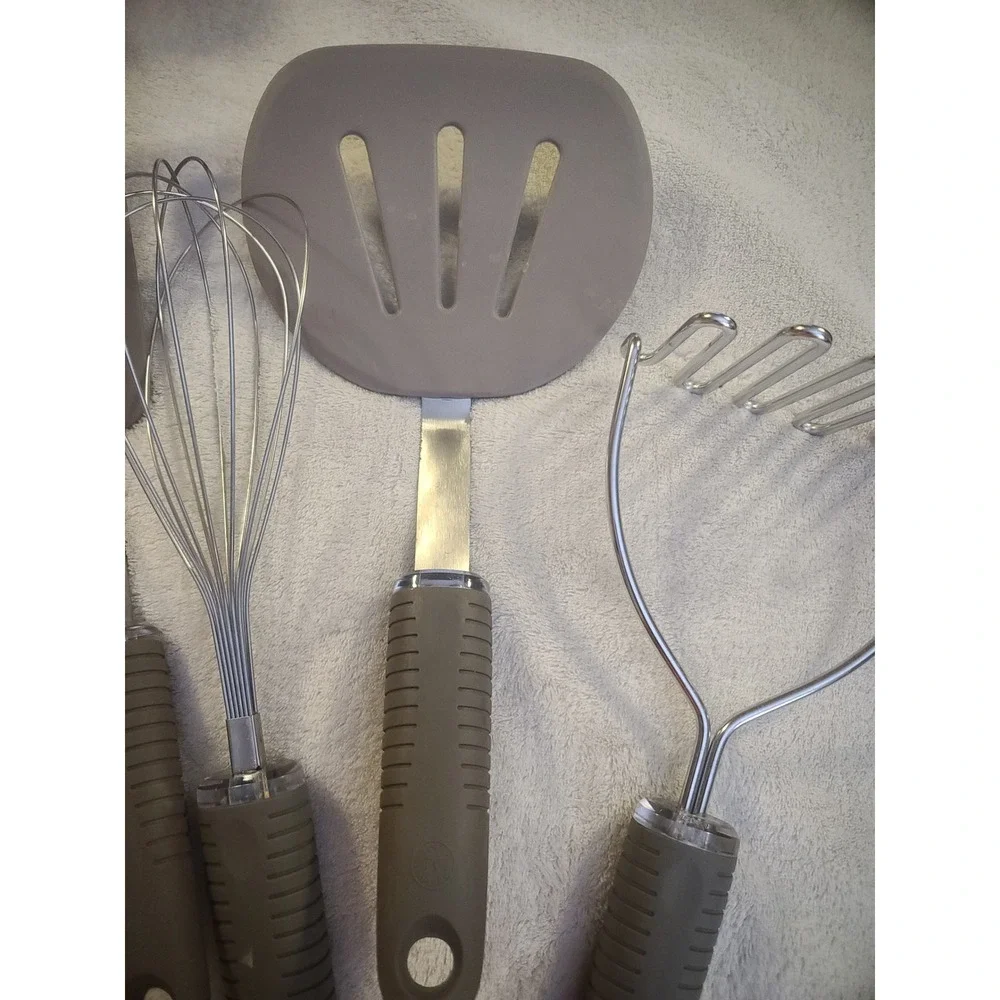 Martha Stewart Kitchen Utensil Set 4pc Taupe Gray Silicone Stainless Steel Whisk